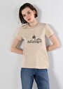 thumb-Regular Fit Yuvarlak Yaka  Kadın Bej Kısa Kol Tişört