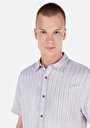 thumb-Regular Fit Shirt Neck Çizgili Erkek Gri Kısa Kol Gömlek