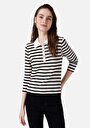 thumb-Regular Fit Polo Yaka Çizgili Kadın Siyah Uzun Kol Tişört