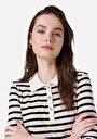 thumb-Regular Fit Polo Yaka Çizgili Kadın Siyah Uzun Kol Tişört