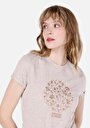 thumb-Slim Fit Yuvarlak Yaka Baskılı Kadın Bej Kısa Kol Tişört