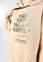 thumb-Oversize Fit Kapüşonlu Baskılı Kadın Bej Sweatshirt