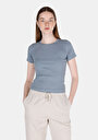 thumb-Slim Fit Yuvarlak Yaka Cepsiz Düz Kadın Mavi Kısa Kol Tişört