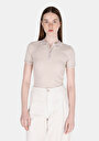 thumb-Slim Fit Polo Yaka Düz Kadın Bej Kısa Kol Tişört