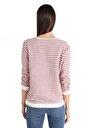 thumb-Regular Fit Yuvarlak Yaka Çizgili Kadın Pembe ¾ Kol Tişört