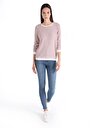 thumb-Regular Fit Yuvarlak Yaka Çizgili Kadın Pembe ¾ Kol Tişört