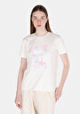 thumb-Regular Fit Yuvarlak Yaka Baskılı Kadın Beyaz Kısa Kol Tişört