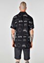 thumb-Regular Fit Shirt Neck Baskılı Cepsiz Erkek Siyah Kısa Kol Gömlek