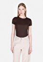 thumb-Slim Fit Yuvarlak Yaka Düz Kadın Kahverengi Kısa Kol Tişört