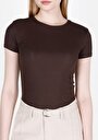 thumb-Slim Fit Yuvarlak Yaka Düz Kadın Kahverengi Kısa Kol Tişört