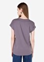 thumb-Regular Fit Yuvarlak Yaka Baskılı Kadın Antrasit Kısa Kol Tişört
