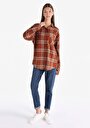 thumb-Regular Fit Cepli Shirt Neck Ekoseli Kadın Kahverengi Uzun Kol Gömlek