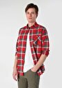 thumb-Regular Fit Shirt Neck Ekoseli Erkek Kirmizi Uzun Kol Gömlek