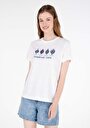 thumb-Regular Fit Yuvarlak Yaka Baskılı Kadın Beyaz Kısa Kol Tişört