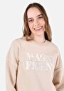 thumb-Regular Fit Yuvarlak Yaka Baskılı Kadın Bej Sweatshirt