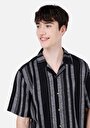 thumb-Regular Fit Shirt Neck Çizgili Erkek Siyah Kısa Kol Gömlek