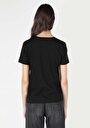thumb-Regular Fit Yuvarlak Yaka Baskılı Kadın Siyah Kısa Kol Tişört