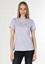 thumb-Regular Fit Yuvarlak Yaka Baskılı Kadın Mor Kısa Kol Tişört