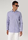 thumb-Regular Fit Shirt Neck Cepli Çizgili Erkek Mavi Uzun Kol Gömlek