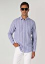 thumb-Regular Fit Shirt Neck Cepli Çizgili Erkek Mavi Uzun Kol Gömlek