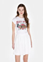 thumb-Slim Fit Yuvarlak Yaka Pamuklu Baskılı Kadın Beyaz Kısa Kol Tişört