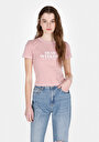 thumb-Slim Fit Yuvarlak Yaka Örme Baskılı Kadın Pembe Kısa Kol Tişört
