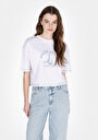thumb-Comfort Fit Yuvarlak Yaka Baskılı Kadın Beyaz Kısa Kol Tişört