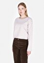 thumb-Regular Fit Yuvarlak Yaka Çizgili Kadın Bej Uzun Kol Tişört