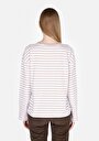 thumb-Regular Fit Yuvarlak Yaka Çizgili Kadın Bej Uzun Kol Tişört