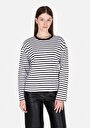 thumb-Regular Fit Yuvarlak Yaka Çizgili Kadın Siyah Uzun Kol Tişört