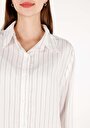 thumb-Regular Fit Shirt Neck Çizgili Kadın Beyaz Uzun Kol Gömlek