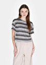 thumb-Regular Fit Yuvarlak Yaka Çizgili Kadın Çok Renkli Kısa Kol Tişört