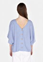 thumb-Regular Fit V Yaka Çizgili Kadın Mavi Kısa Kol Gömlek