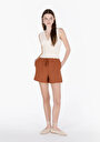 thumb-Regular Fit Orta Bel Jakarlı Kadın Kahverengi Şort