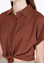 thumb-Regular Fit Shirt Neck Jakarlı Kadın Kahverengi Kısa Kol Gömlek