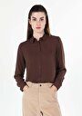 thumb-Regular Fit Shirt Neck Düz Kadın Kahverengi Uzun Kol Gömlek