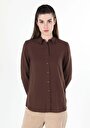 thumb-Regular Fit Shirt Neck Düz Kadın Kahverengi Uzun Kol Gömlek