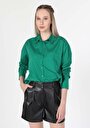 thumb-Relaxed Fit Shirt Neck Düz Kadın Yeşil Uzun Kol Gömlek