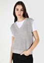 thumb-Regular Fit V Yaka Düz Kadın Gri Kazak