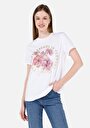 thumb-Regular Fit Yuvarlak Yaka Baskılı Kadın Beyaz Kısa Kol Tişört