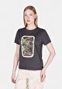 thumb-Regular Fit Pamuklu Yuvarlak Yaka Baskılı Kadın Antrasit Kısa Kol Tişört