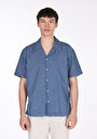 thumb-Oversize Fit Klasik Yaka Çizgili Erkek Mavi Kısa Kol Gömlek