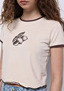 thumb-Slim Fit Yuvarlak Yaka Baskılı Kadın Bej Kısa Kol Tişört