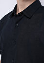 thumb-Regular Fit Shirt Neck Cepsiz Düz Erkek Siyah Kısa Kol Gömlek
