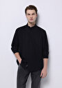thumb-Regular Fit Shirt Neck Cepsiz Düz Erkek Siyah Uzun Kol Gömlek