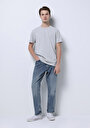 thumb-Loose Tapered Fit Erkek Mid İndigo Denim Jean Fermuarlı Pantolon