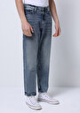 thumb-Loose Tapered Fit Erkek Mid İndigo Denim Jean Fermuarlı Pantolon