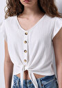 thumb-Regular Fit V Yaka Düz Kadın Beyaz Kısa Kol Tişört