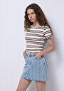 thumb-Slim Fit Yuvarlak Yaka Çizgili Kadın Ekru Kısa Kol Tişört