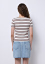 thumb-Slim Fit Yuvarlak Yaka Çizgili Kadın Ekru Kısa Kol Tişört